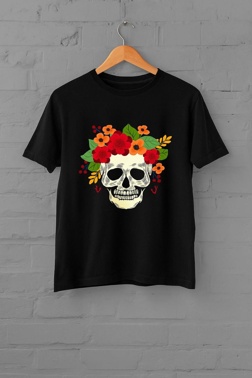 Skeleton with Flower T-shirt round neck